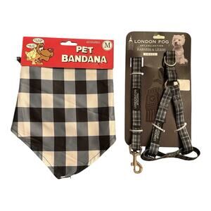 Fashion London Plaid Dog Harness with Matching Leash Size Small & Med Bandana